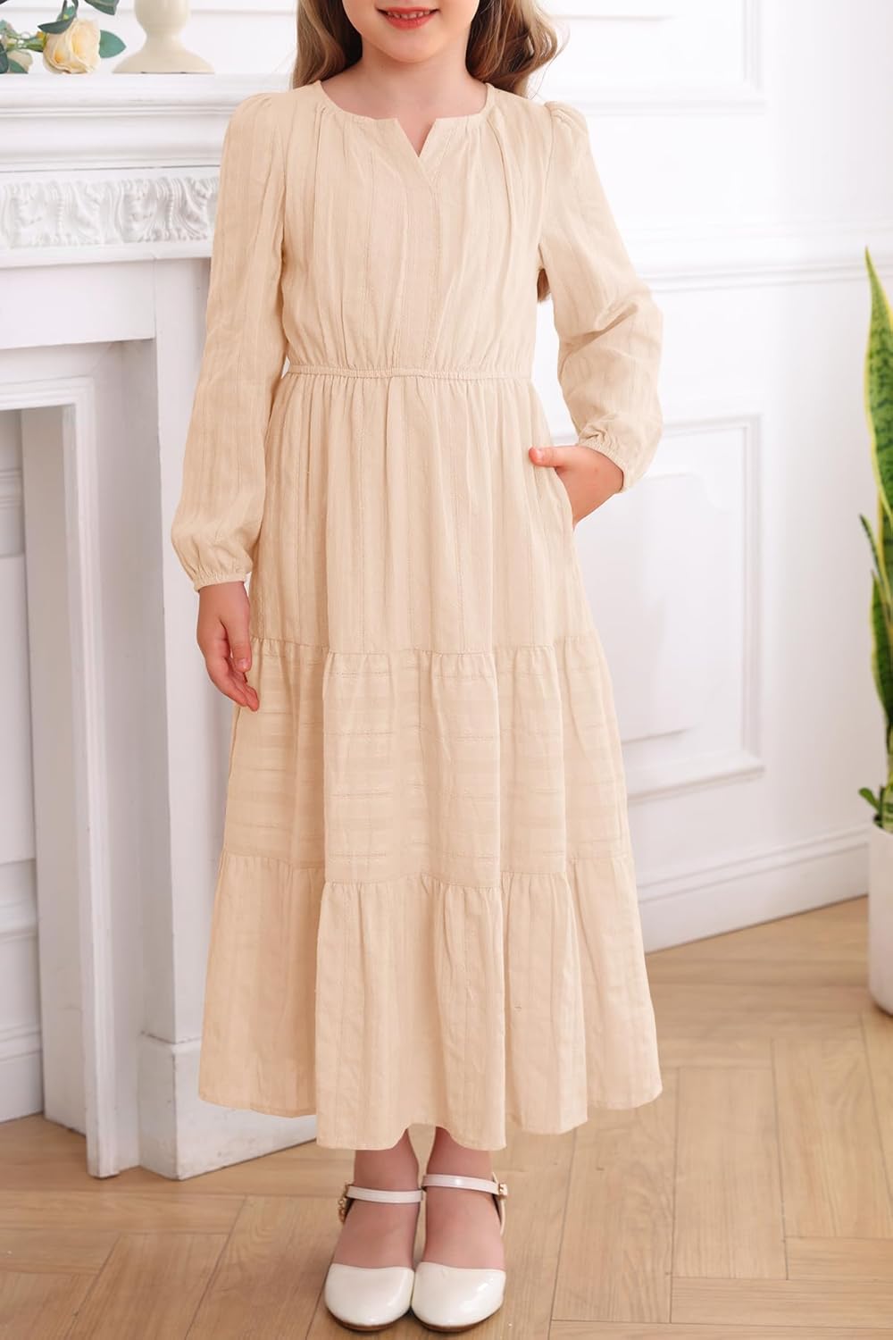 HOSIKA Girls Long Sleeve Dress V Neck Elastic Waist Tiered Flowy A-line Fall Maxi Dresses with Pockets for 6-12 Y - Image 3