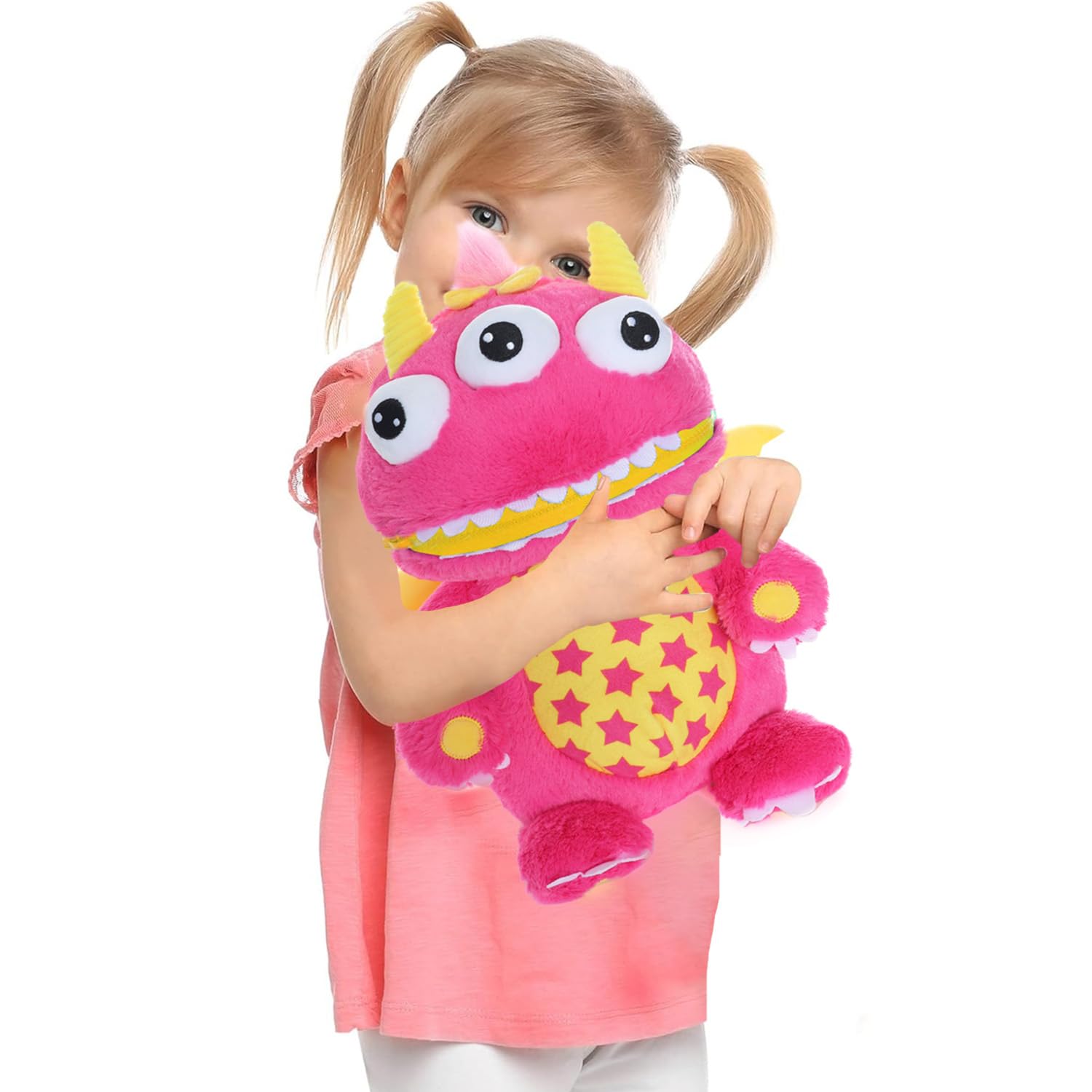 I LOVE FANCY DRESS Worry Yummy Monster Childrens Soft Toys 15 Inches (38 Cm) Tall - Loves Eating Your Worries - Pink Luna