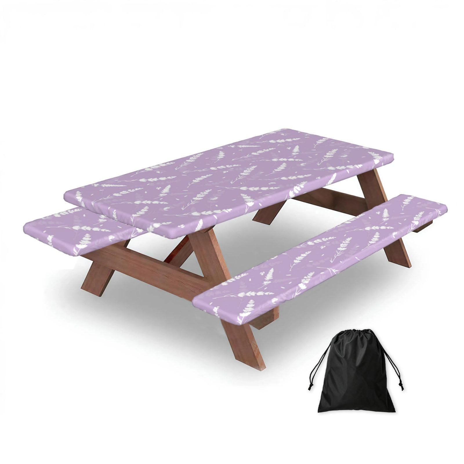 Purple Lavender, Picnic Table Cover With Bench Covers -Waterproof Elastic Fitted Tablecloth for Garden Camping Patio 76x152cm