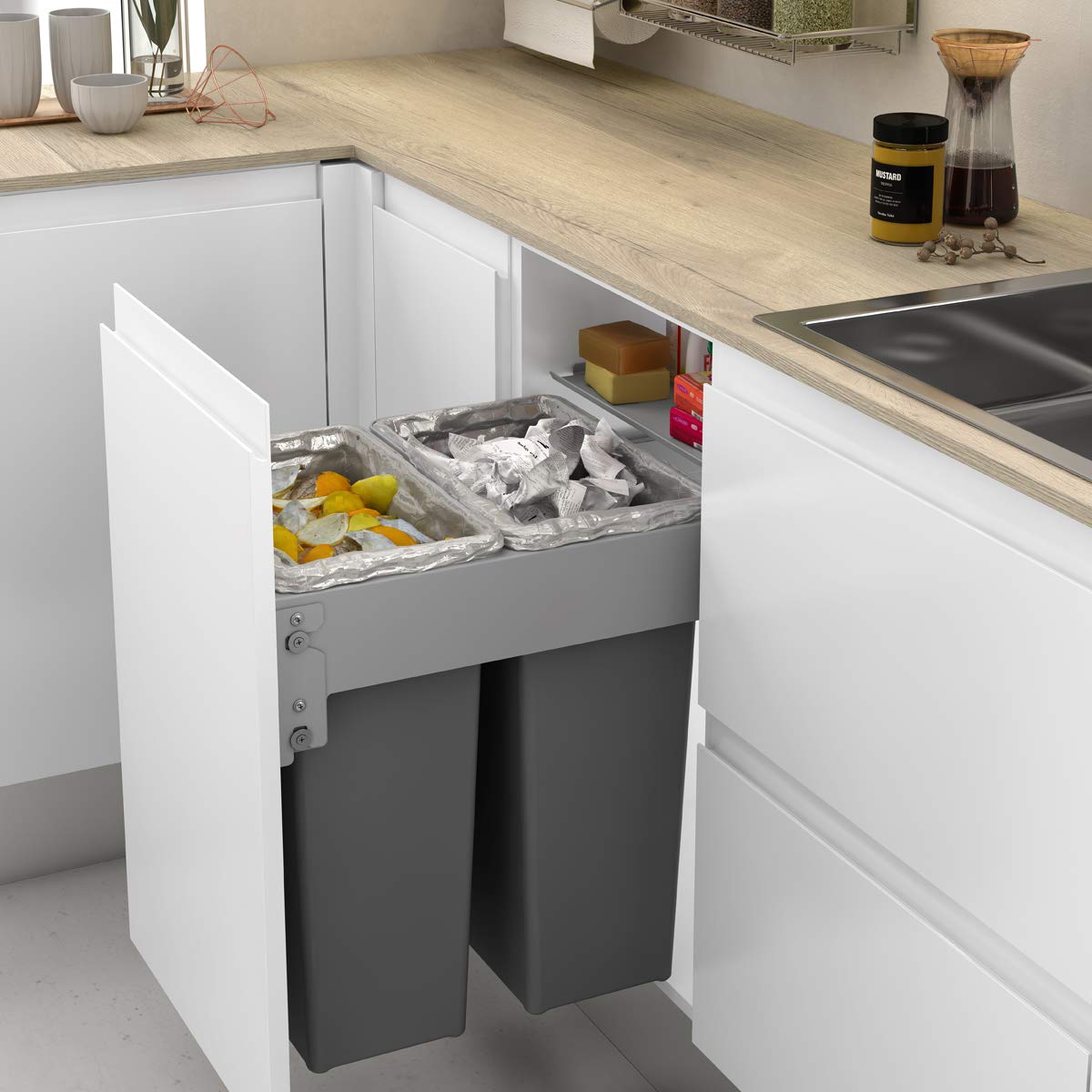 Menage Confort Pattumiera frontale integrata con 2 contenitori da 35 l, per mobili da cucina, larghezza 462-468 mm