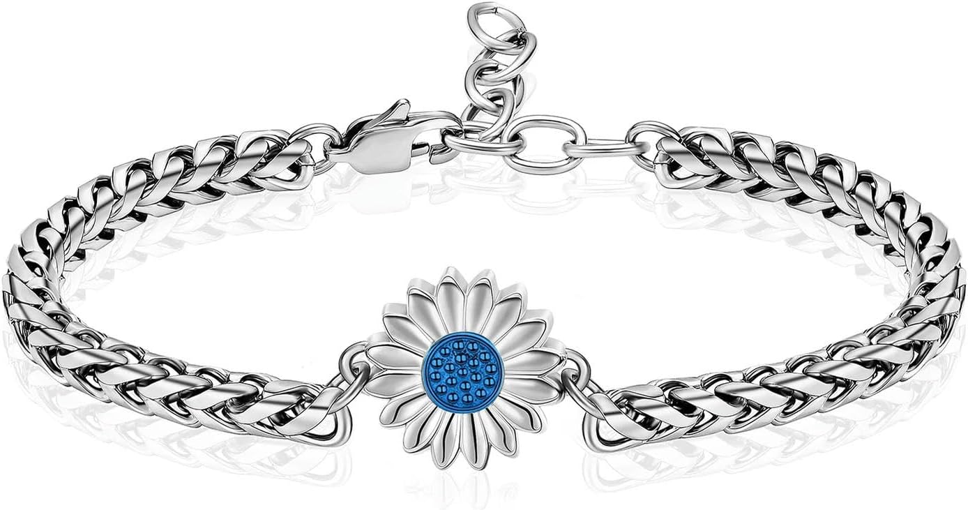 Sunflower Urn Bracelet for Ashes Memorial Cremation Jewelry for Women Girl Adjustable Link Chain Bangle Human Pet Keepsake Gift-Silver-Blue