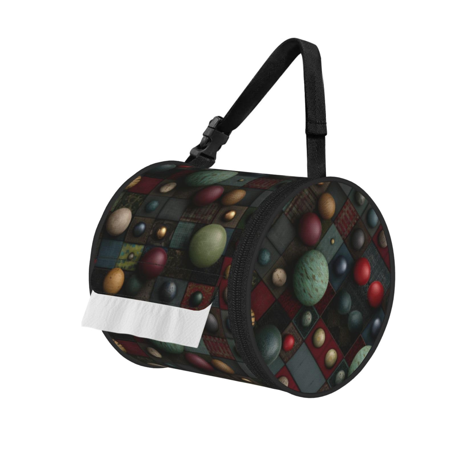 Balls Printed Cylindrical Tissue Bag Portable Oxford Cloth, Foldable Travel Tissue Holder With Zipper And Adjustable Belt