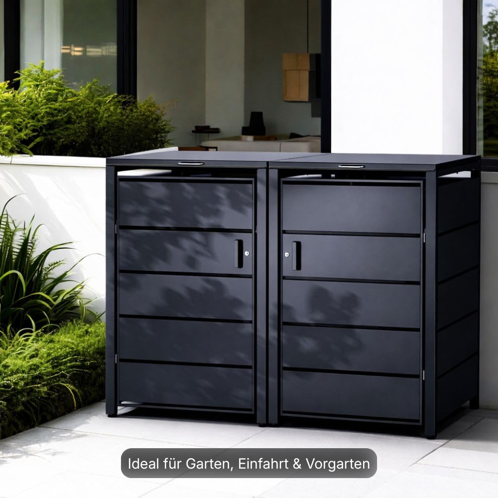 RS Trade Mülltonnenbox 2er Anthrazit für 120L & 240L Mülltonnen, abschließbares wetterfestes Mülltonnenhaus, robuste Mülltonnenverkleidung mit 2 Türen, Müllcontainer Verkleidung, witterungsbeständig