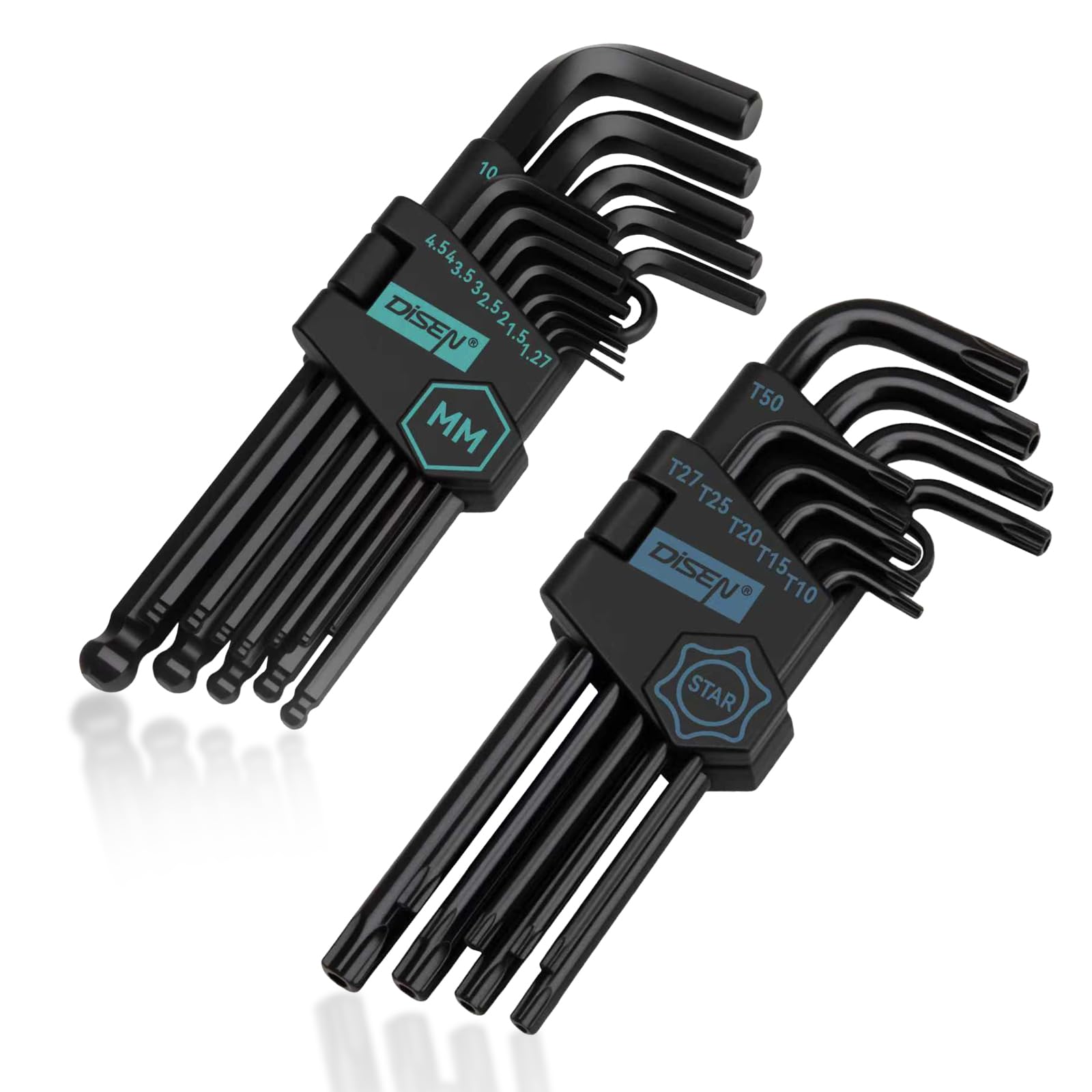 DISEN 22-Piece Allen Key Set, 13-Piece with Ball Head, Long Hex Socket, 1.27 to 10 mm & 9 Pieces Torx Hexagon Socket Set T10-T50 Long Sleeve Star Key Set, Chrome Vanadium Steel