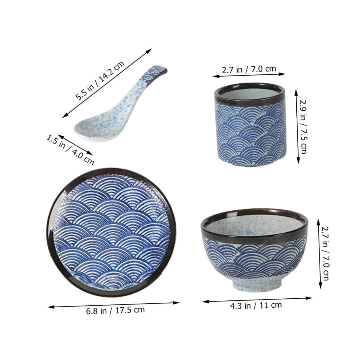 Service Vaisselle Céramique Japonerie à Motif Ondulations, 1 Set 4 Pièces