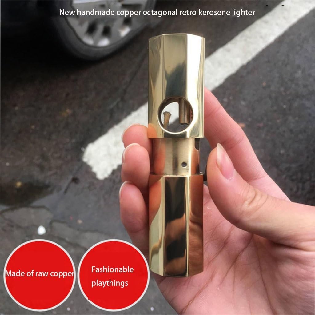 Handmade Octagonal Retro Brass Kerosene Lighter, Men's Old-Fashioned Trench Antique Lighter, Perfect Gift for Collection and Elders and Friends(C)