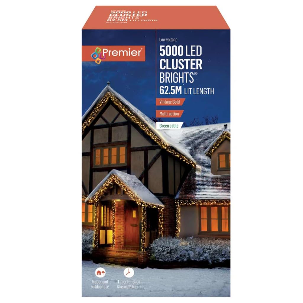 Premier 5000 LED Multi Action Cluster Brights Vintage Gold Lights, Clear Cable with Timer Function Indoor Outdoor Use 62.5m Lit Length