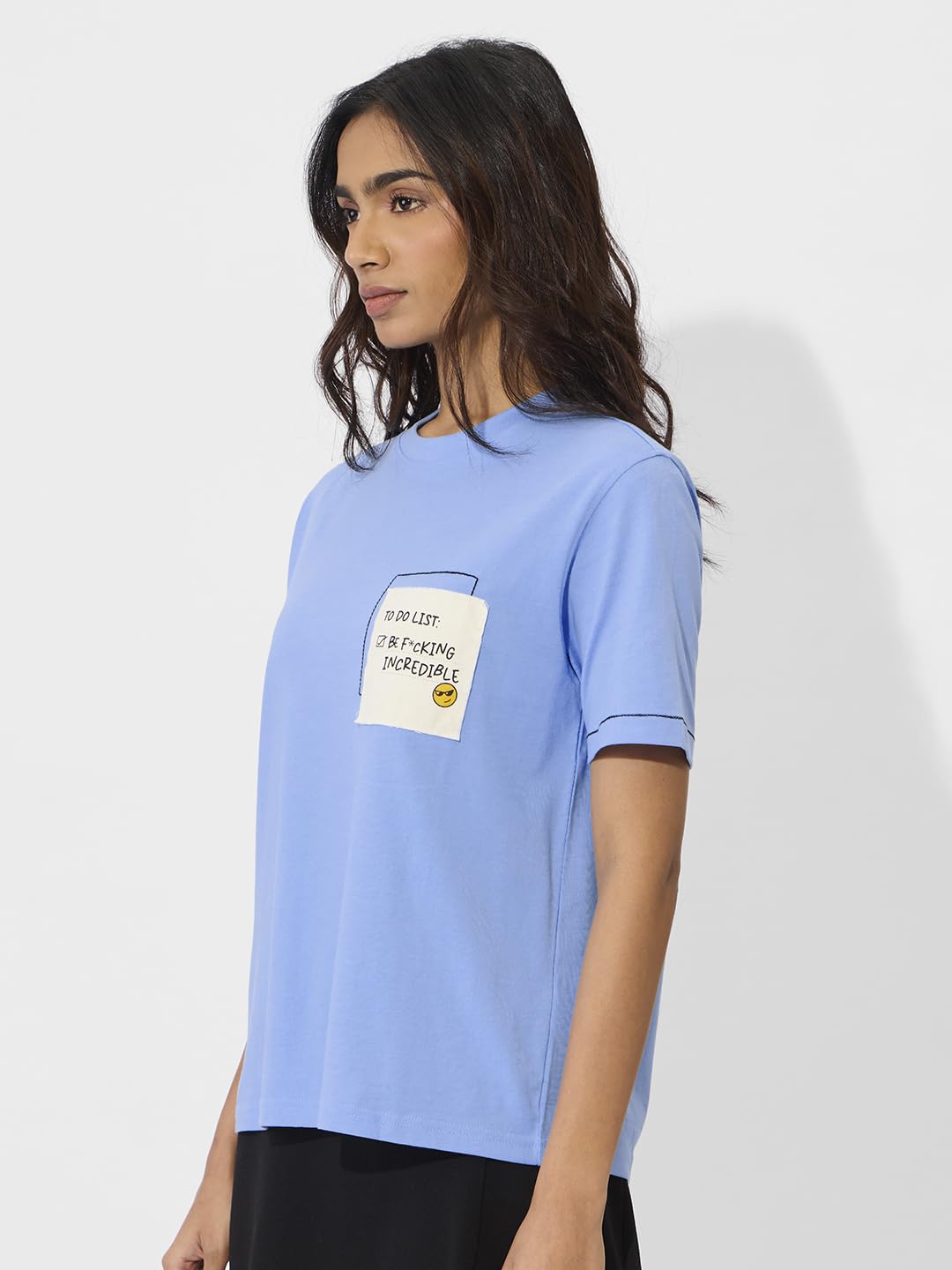 The Souled Store To Do List - Camiseta de manga corta para mujer y niña, cuello redondo, de algodón, con estampado gráfico azul, ajuste relajado