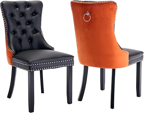 Miniatura 23 de Juego de 4 sillas de comedor de terciopelo beige, sillas tapizadas modernas para comedor con respaldo capitoné y acentos de madera, patas curvas de