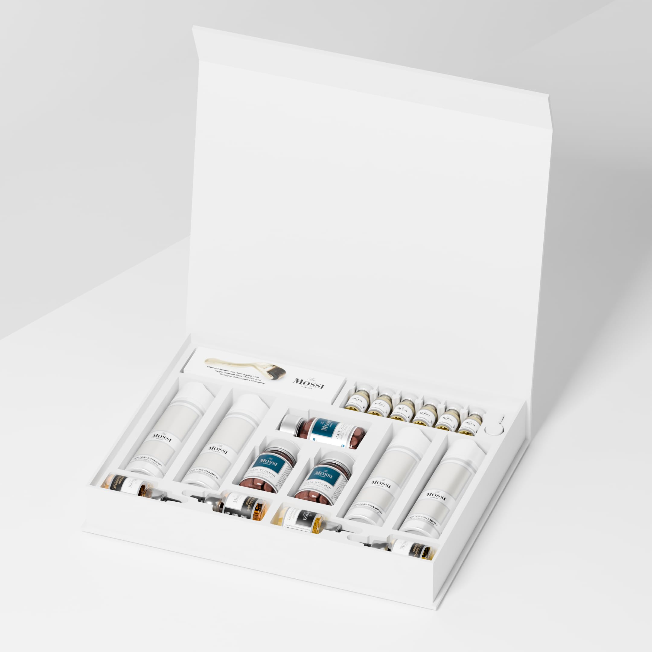 The Mossi London Flacon Plus Hair Set de 6 meses | Kit completo de tratamiento anticaída | Crecimiento del cabello y trasplante | Procapil, vitaminas y dermaroller incluidos