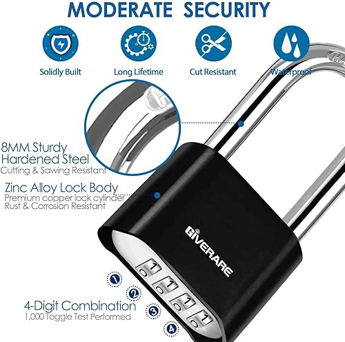 Miniatura 3 de Cerradura de combinación de 4 dígitos, candado de metal resistente, cerraduras de aleación para exteriores con grillete largo de acero endurecido,