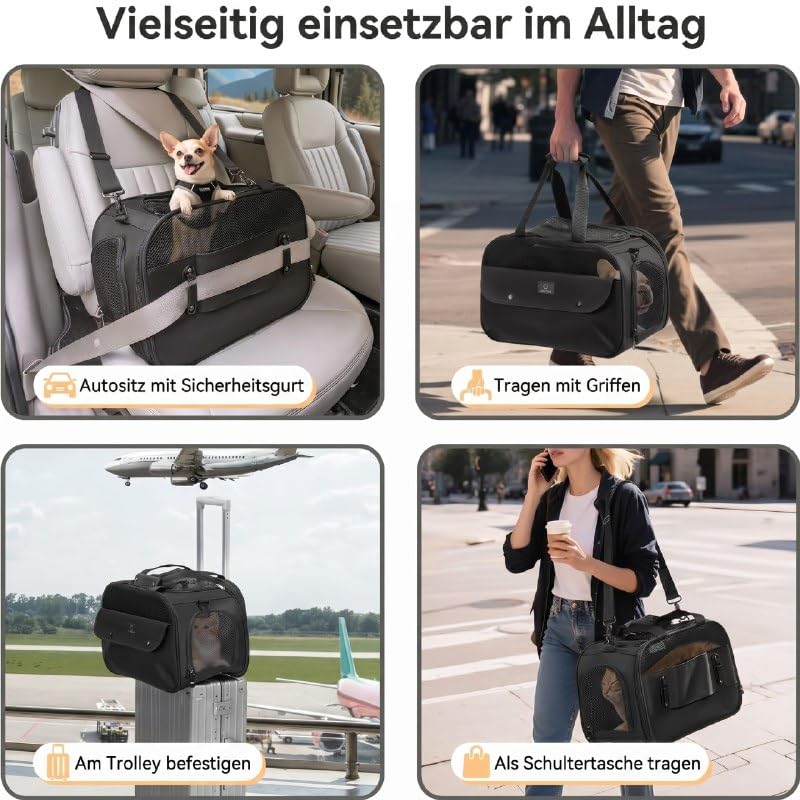 A 4 PET Transportbox Katze, Hundetasche Flugzeug für Kabine/Auto, Leicht Hunde Flugtasche mit patentieren Sicherheit Schnallen/4 Mesh/Aufbewahrungstasche, Schwarz