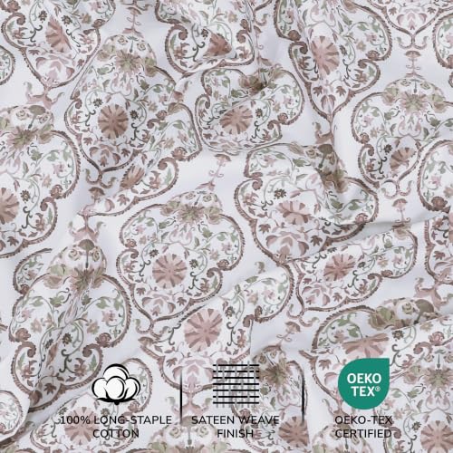 Image of Feather & Stitch Printed 500 TC Twin Size 3pc Damask Bed Sheet Set, 100% Soft Cotton Breathable Bedsheets, 18 inch Deep Pockets Sateen Weave Striped Bedding Mattress Resort Hotel Luxury - Floral Bloom