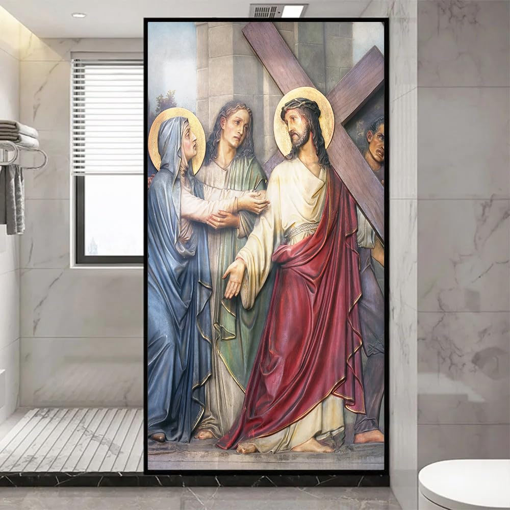 Church Style Stained Glass Window Film Decorative Privacy Non Adhesive Window Stickers for Home Office J4 80x120cm(31.5