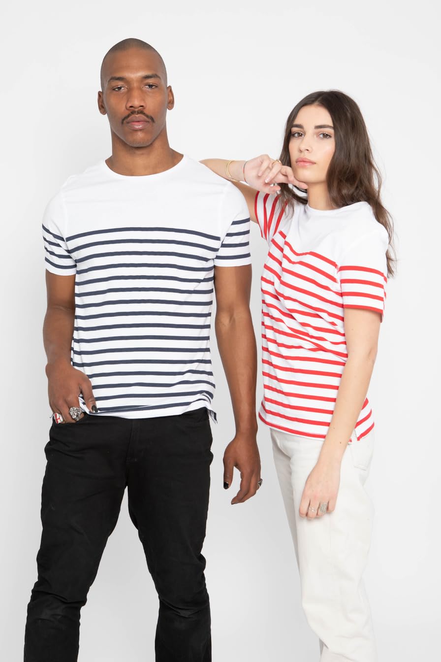 T-Shirt Rayé Marinière, Manches Courtes, Blanc et Bleu Marine, Teeshirt Marin, Coupe Mixte