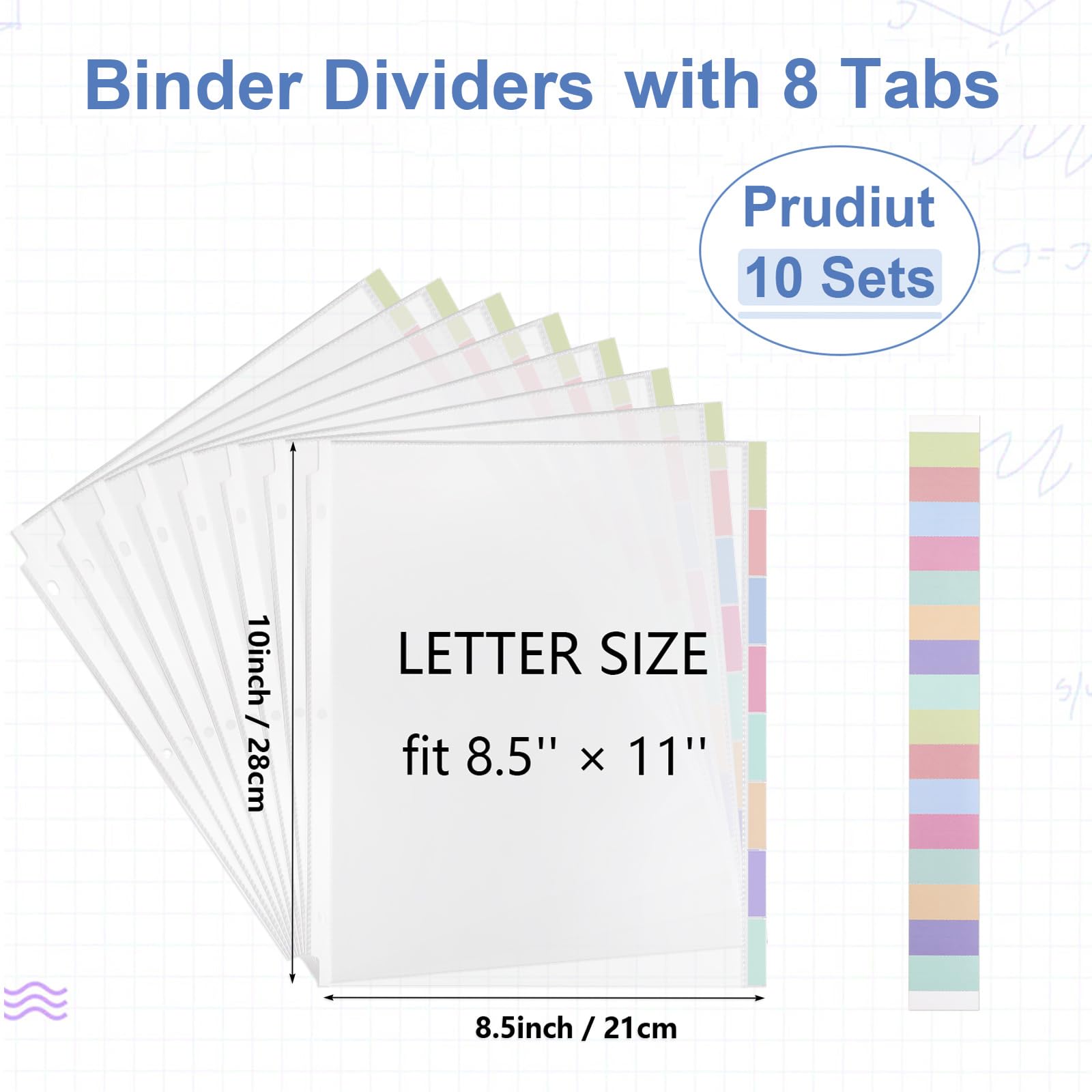 Prudiut Transparente Schutzfolien für 3-Ringordner, 21,6 x 27,9 cm, Kunststoff-Binderhüllen mit 8 Registerkarten und farbigen Index-Etiketten, wasserdichte Seitenschutzfolien für Büro, Schule, 80