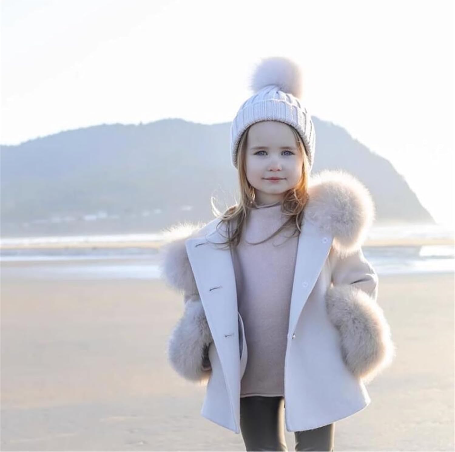 SIZE SMALL.   Coat With Big Fluffy Faux Fur Cuff And Hood Little Girls Warm Wool Jacket