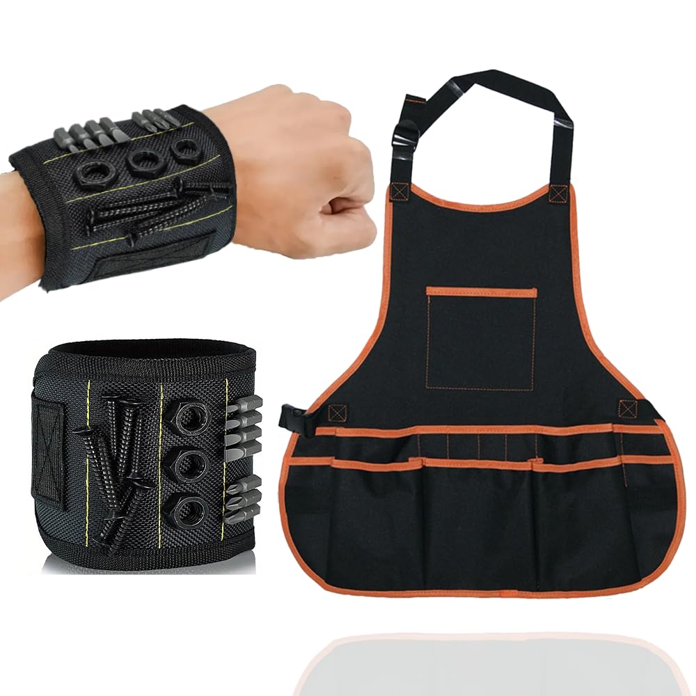 CACUINA Tool Apron With Magnetic Wristband Set for Craftsmen - Adjustable with 16 Pockets Waterproof Oxford for Carpentry/Gardening/DIY Woodworking