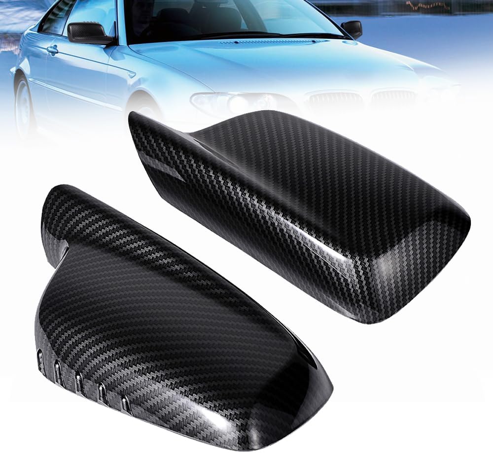 Pair Side Mirror Cover Caps Replacement for 2001-2008 BMW 7-Series E65 E66 E67, 2000-2006 3-Series E46 2 Doors - Carbon Fiber Look, OE# 51167074235, 51167074236