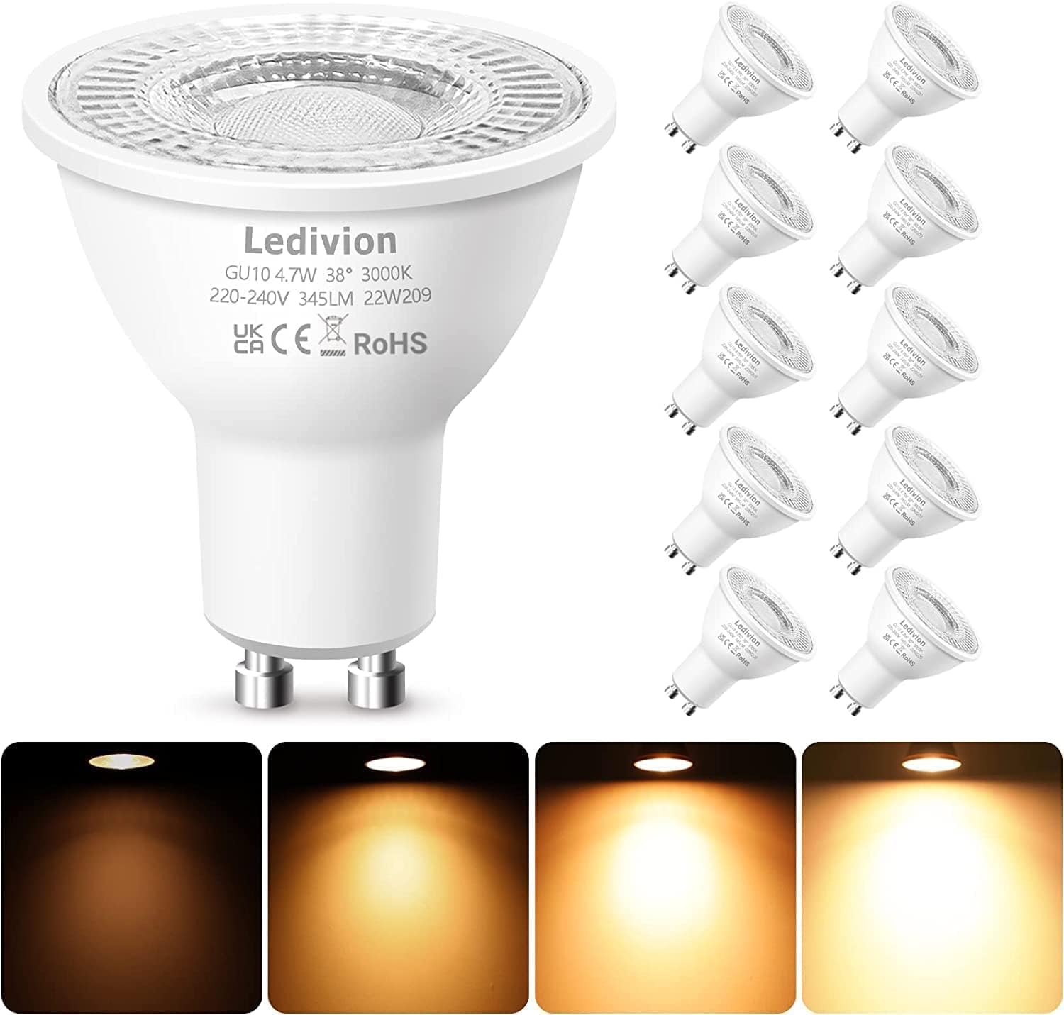 Levidon GU10 LED Bulbs Dimmable, Warm White 3000K, 50W Halogen Spotlight Replacement, 4.7W Dimmable GU10 LED Bulbs, 220-240V 345LM 38ยฐ Narrow Beam Angle - Pack of 10