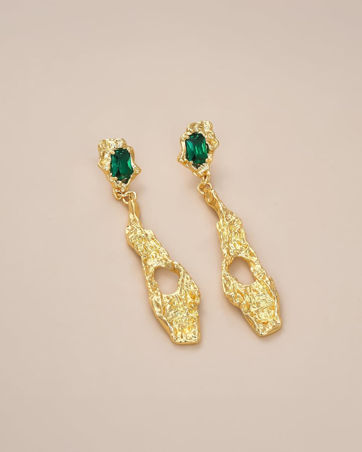 18K gold plated Abstract Long Chunky Vintage Boho Dangle Hammered Statement Earrings with Rectangle Green Emerald Gemstone by SNGIA, Bold Geometric Drop Handmade Exaggerated Irregular Trendy Bohemian Charm Chandelier Jewelry Gifts, Unique Dangling Teardrop Baroque Stone Summer Beach Fashion Accessories, Waterfall Vintage Thick Circular Nickle Free Huggies Hoop Earring. - Image 5