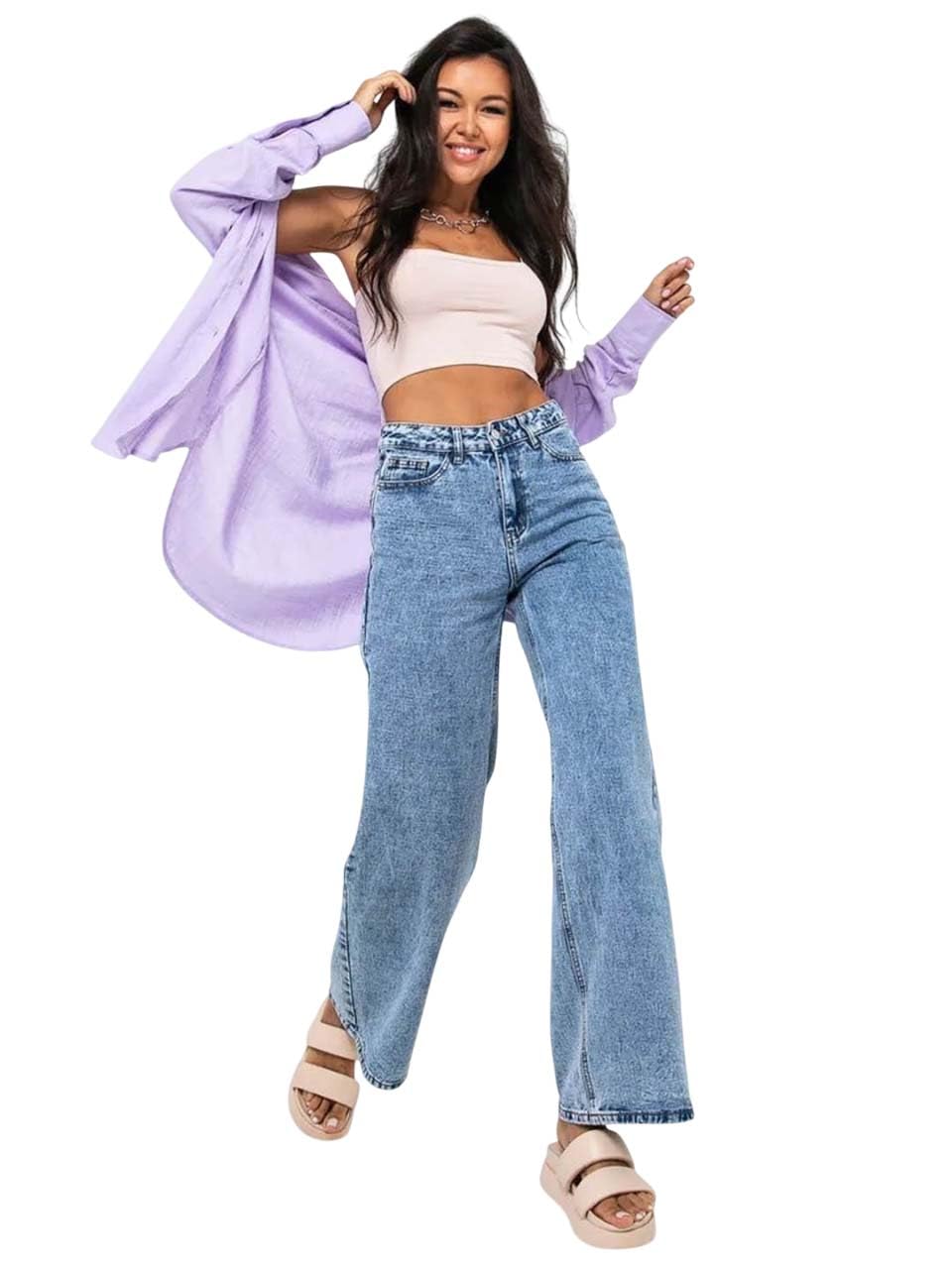Bonkers Corner Womenâ€™s High Waist Wide Leg Jeans Stretchable Denim Casual Wear for Modern Styling in blue
