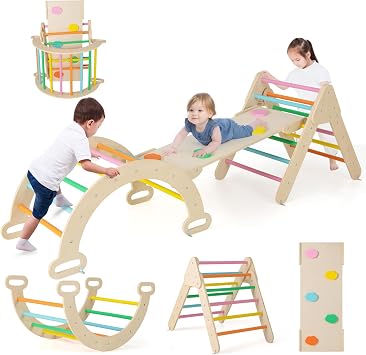 COSTWAY Triangle de Pikler Montessori 7-en-1 en Hêtre avec Arche et Rampe Réversible