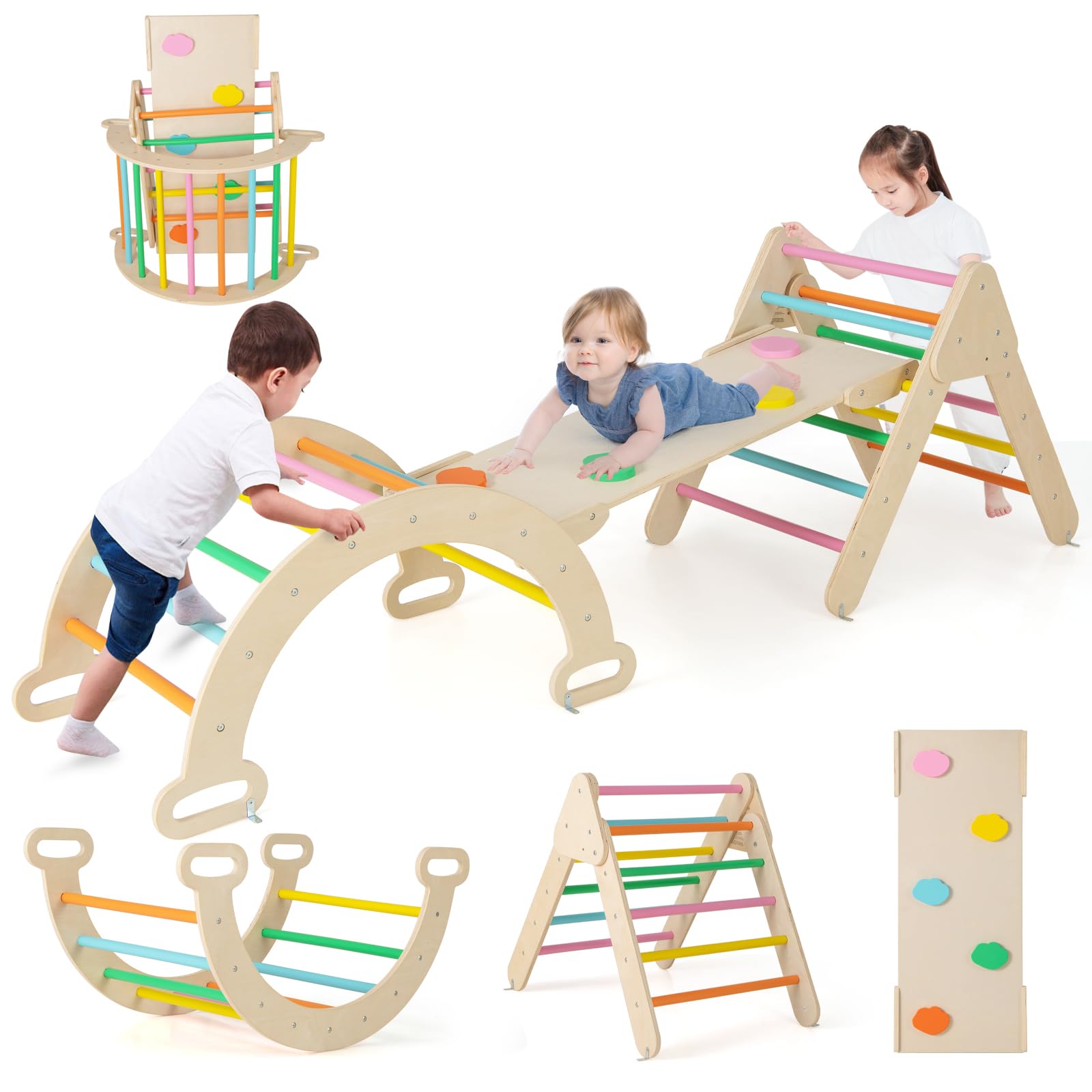 Fantask Struttura da arrampicata 4 in 1 legno con scivolo triangolo arco altalene per bambini 1 anno