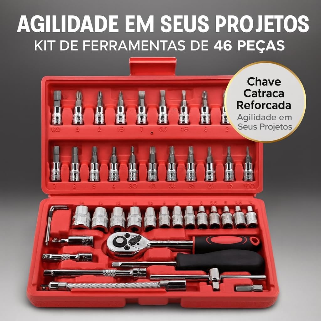 Jogo de Soquete Kit com 46 peças Ferramentas Chave Catraca Conjunto de Soquetes Métricos Sextavadas Chave Allen Torx e Barra de Extensão Reparos Automotivos e Domésticos Premium Jogo de Soquete Kit com 46 peças Ferramentas Chave Catraca Conjunto de Soquetes Métricos Sextavadas Chave Allen Torx e Barra de Extensão Reparos Automotivos e Domésticos Premium