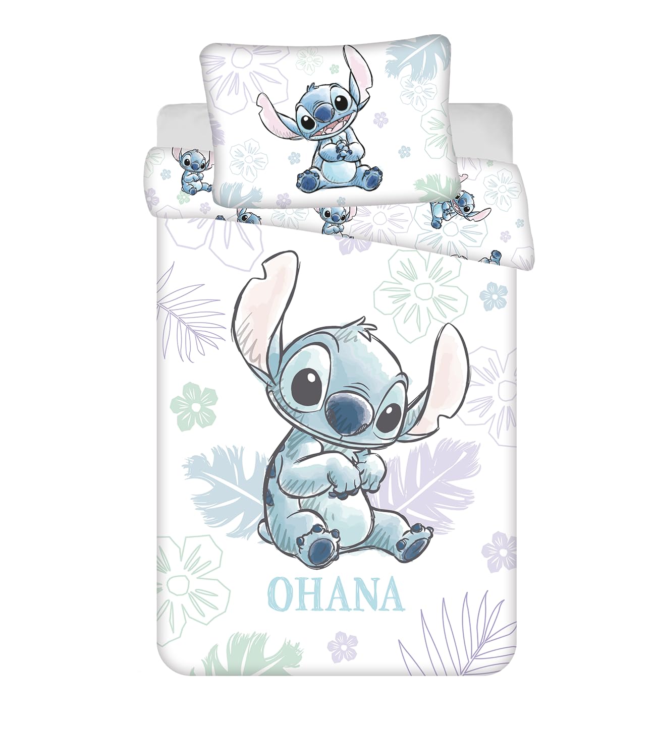 Jerry Fabrics Stitch Ohana - Juego de ropa de cama reversible de 100 x 135 cm y funda nórdica de almohada, 100 % algodón, para cuna