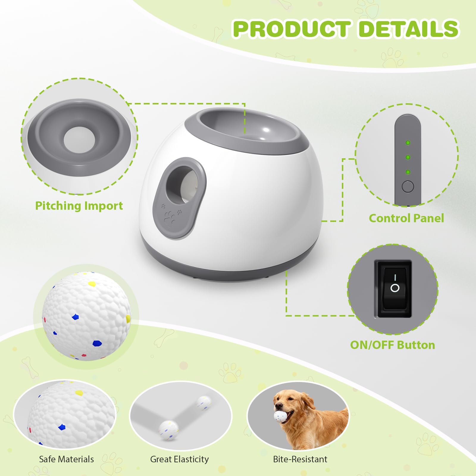 Lanzador de Pelotas para Perros，Lanza Pelotas Perro con 6 Pelotas de Tenis de 2''，Pelota interactiva Perro Distancia Ajustable 10/20/30ft para Interior y Exterior