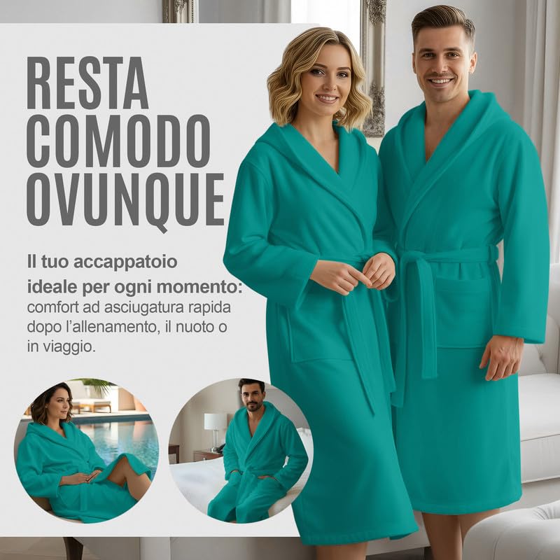 NARCISO - Accappatoio Uomo Donna Microfibra Economico con Tasche Cappuccio e Cintura, Ideale per Casa, Viaggio, Palestra, Tessuto Morbido e Comodo, Taglie dalla S alla XXL