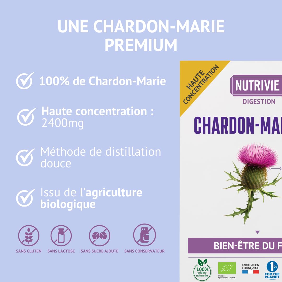 Chardon Marie Bio - Hautement dosé 2400 mg par dose - Protection du foie et Confort Digestif - 20 ampoules - Fabriqué en France - Nutrivie