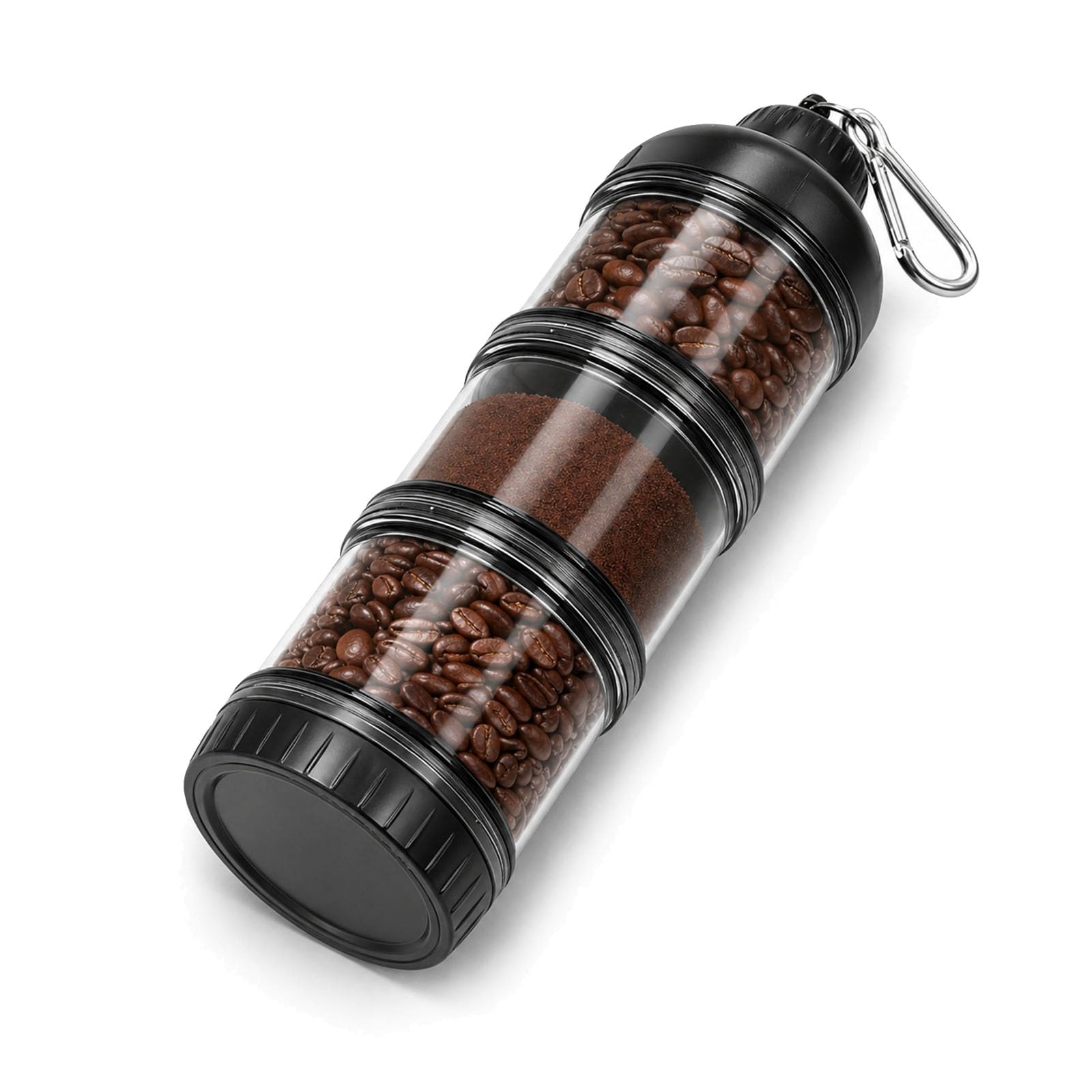 Raoletin 4 Stage Travel Airtight Coffee Bean Storage Container, Clear Coffee Canister Jar with 3 x 150ml Parts and Carabiner for Beans, Grounds, Tea, Cereal, Nuts, Snacks and Gym Bag Use