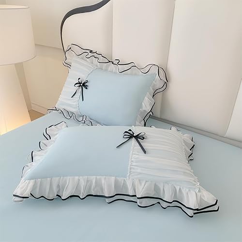 Miniatura 10 de IHOUSTRIY Juego de funda de edredón rosa tamaño matrimonial, juego de ropa de cama con volantes y corbatín, juego de funda de edredón de 3 piezas