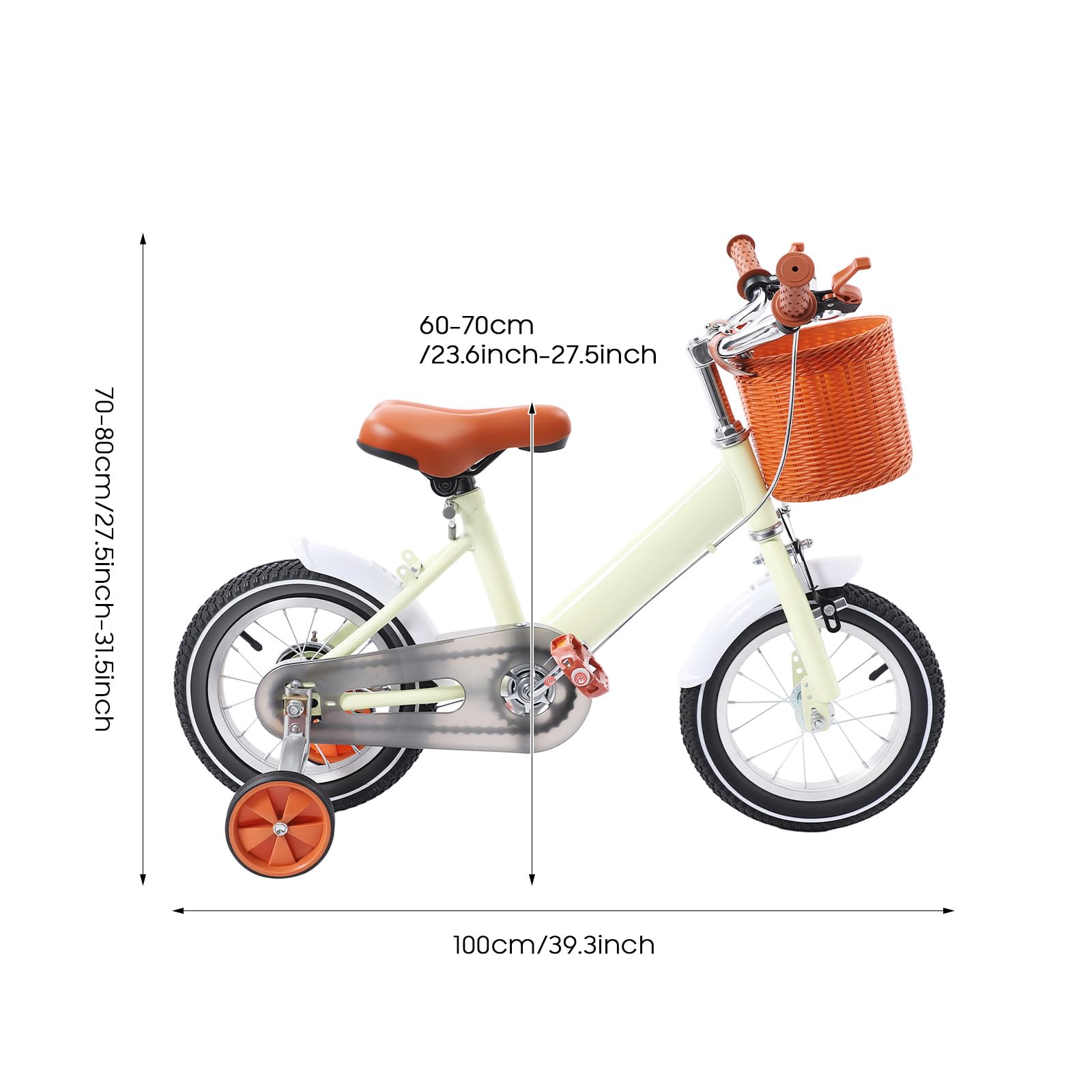 Bicicletta per bambini da 12 pollici, per bambini da 2 a 4 anni, con cestino e ruote di sostegno, sella e manubrio regolabili in altezza, per imparare a pedali, colore giallo