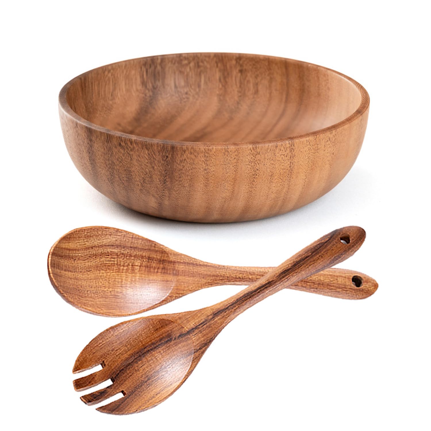 YXE Juego de cuencos de madera para ensalada, 24 x 7 cm, cuenco grande de madera de acacia con cuchara de ensalada y tenedor para mezclar frutas, cereales, pasta, pasta (juego de 3 cuencos grandes