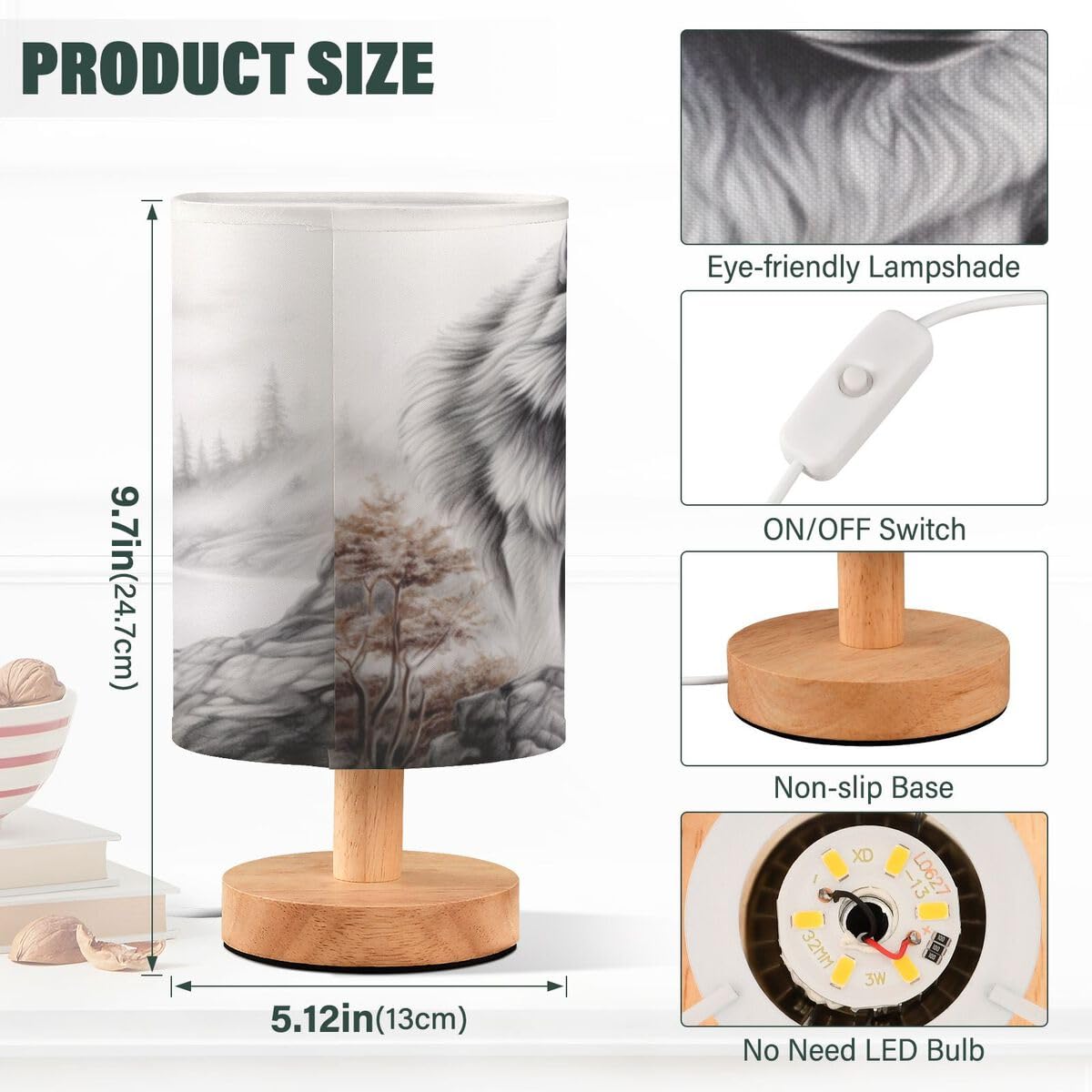 JUMBEAR Table Lamp,Bedside Lamps Nightstand Lamps with Flaxen Fabric Shade for Bedroom Living Room,LED Bulb Included-Wild Wolf - Image 3