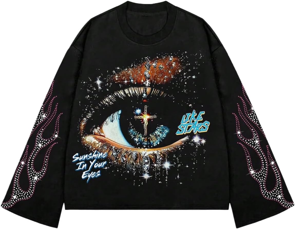 Verdusa Men's Rhinestone Graphic Tees Y2K Long Sleeve Tee Shirts Eye Print Crop Tops Hip Hop Streetwear