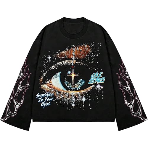 Verdusa Men's Rhinestone Graphic Tees Y2K Long Sleeve T Shirts Eye Print Tops Hip Hop Streetwear