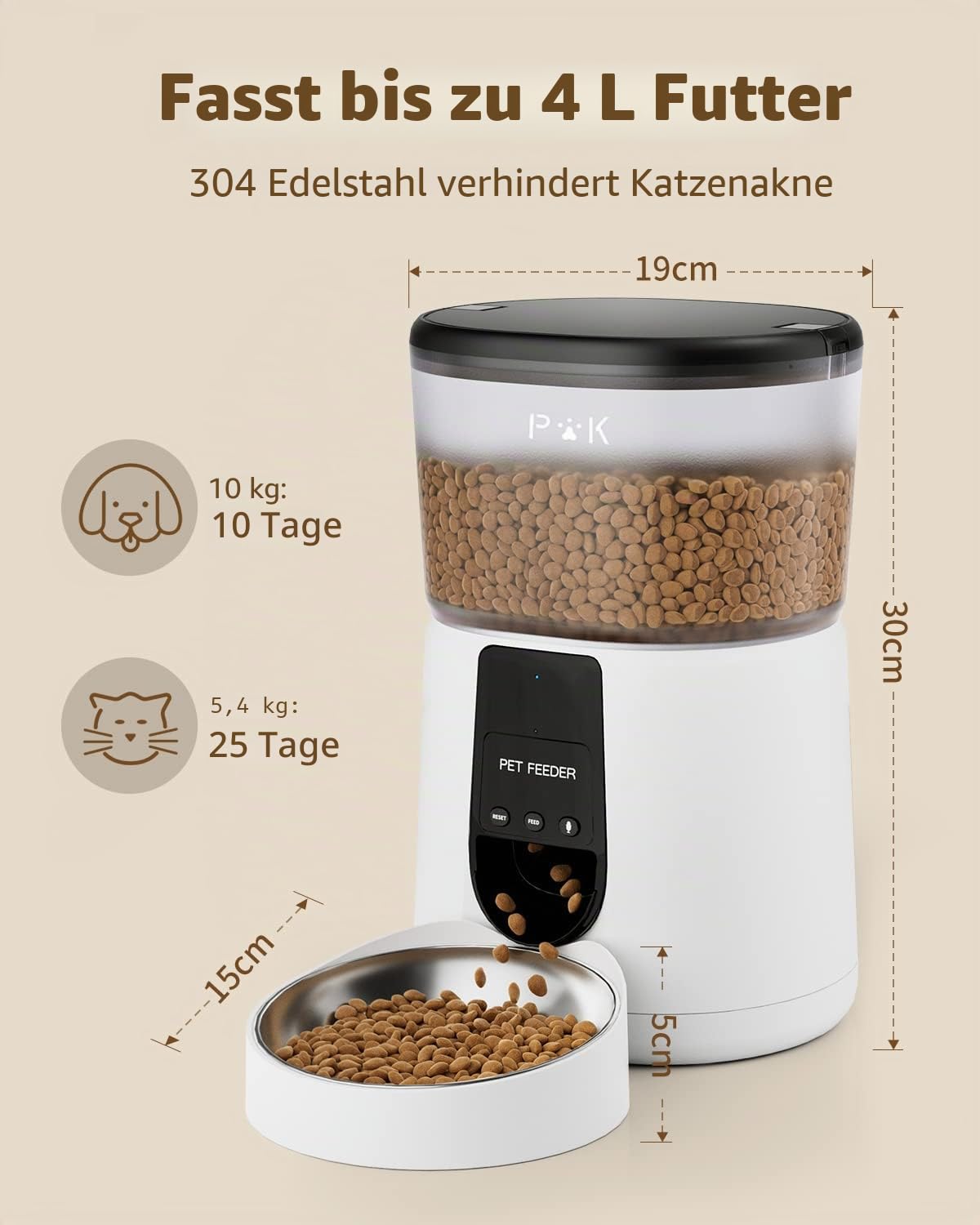 PUPPY KITTY Futterautomat Katze & Hund, 2,4 G WiFi intelligenter Katzenfutter Automat mit Edelstahlnapf für Trockenfutter, App-Steuerung, Sprachaufzeichnung, 1-10 Mahlzeiten pro Tag