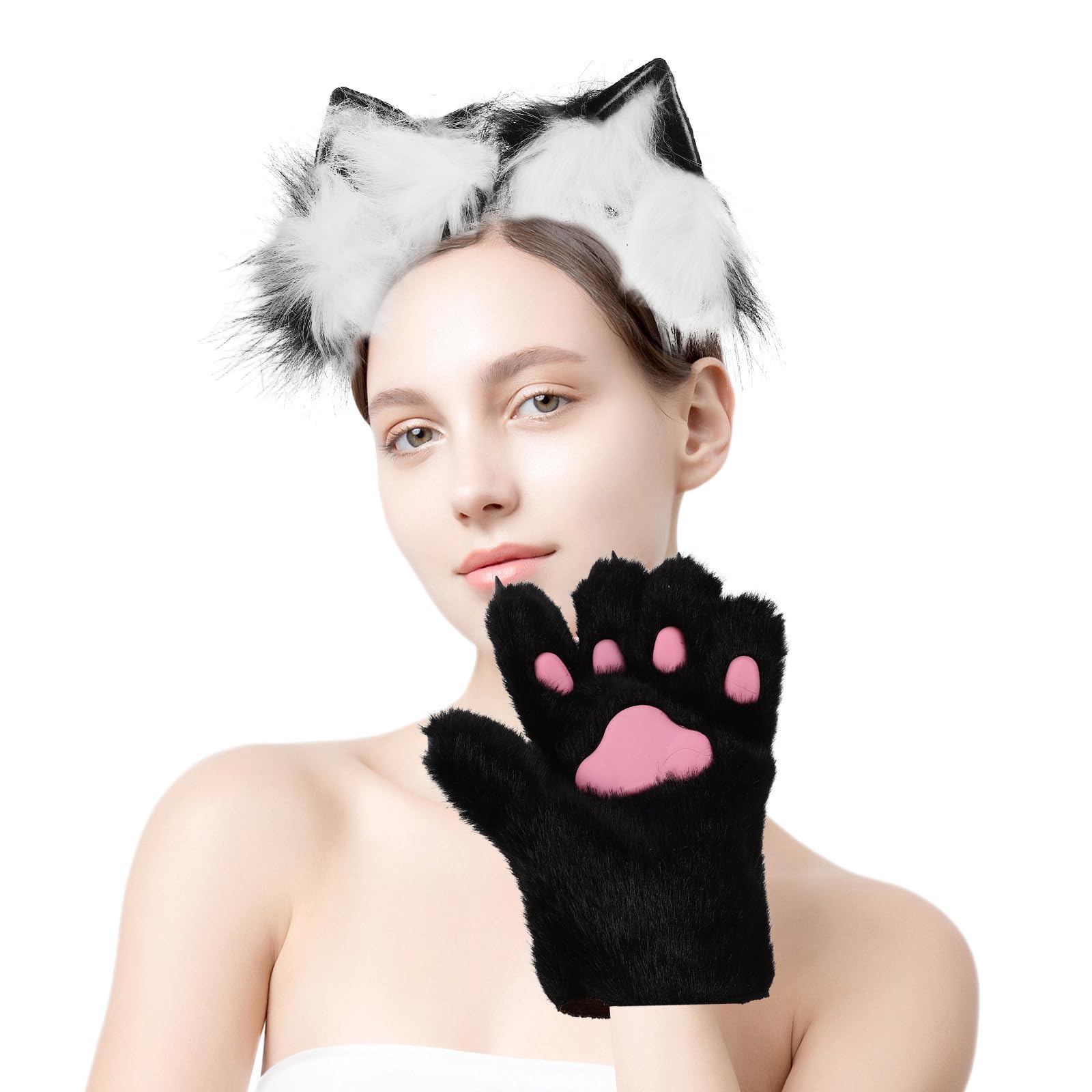 Housoutil Diadema con Orejas de Animal de Cosplay, Orejas y Mitones Guantes, Felpa y Plástico, con y Guantes, para Adultos, Halloween y Fiestas Temáticas de Zoológico y Bosque