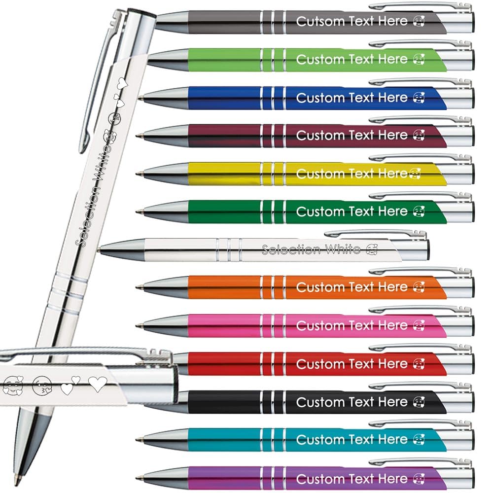 Juwelier Schönschmied Ballpoint Pens with Engraving | Emojis Engraving Possible | 13 Colours | Promotional Ballpoint Pens with Desired Engraving | Personalised Pens (White, 25)