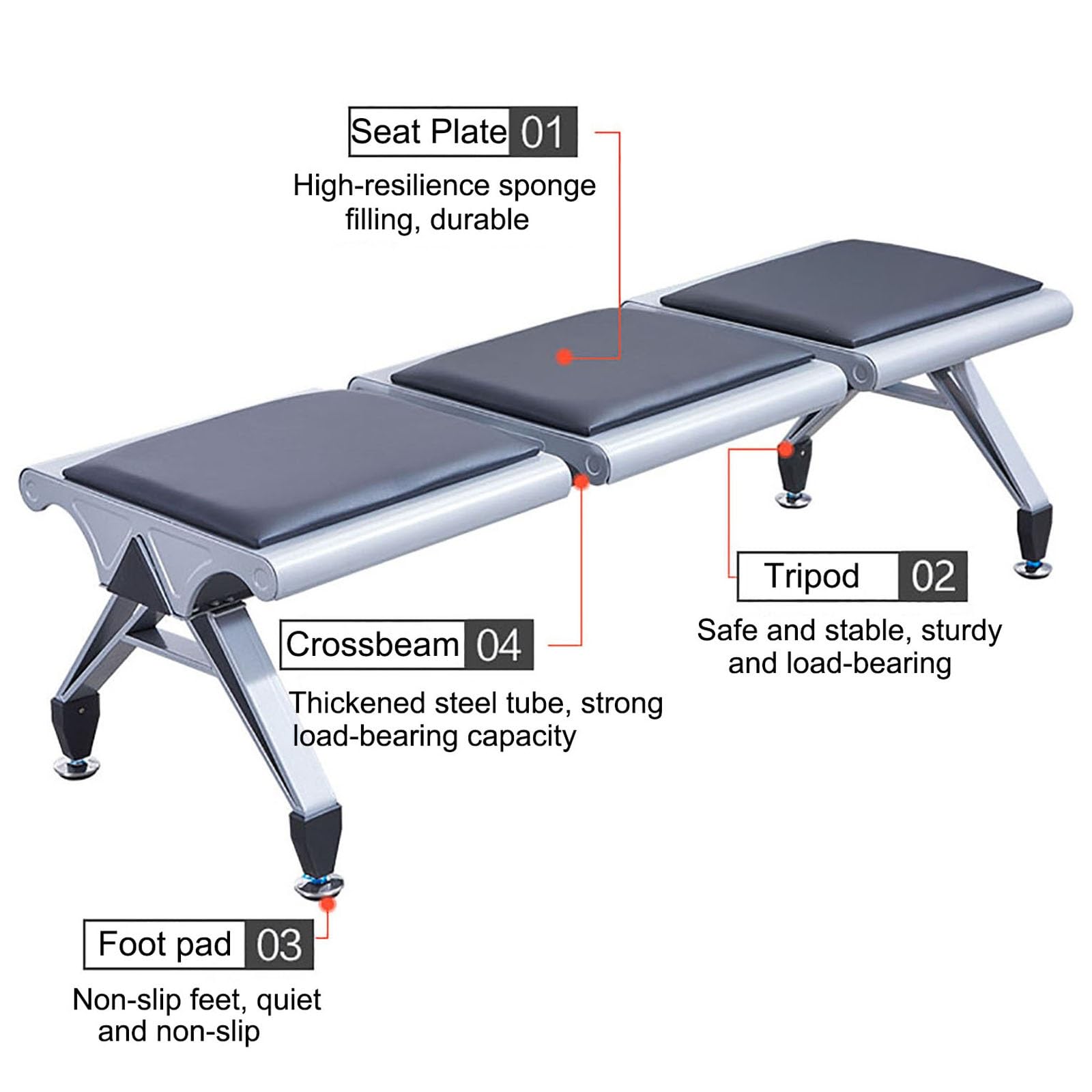 Set di 3 panchine per sala d'attesa, struttura in acciaio a 5 posti, con cuscino in pelle, ideale per ufficio, reception, aeroporto, ospedale, banca, lounge, design