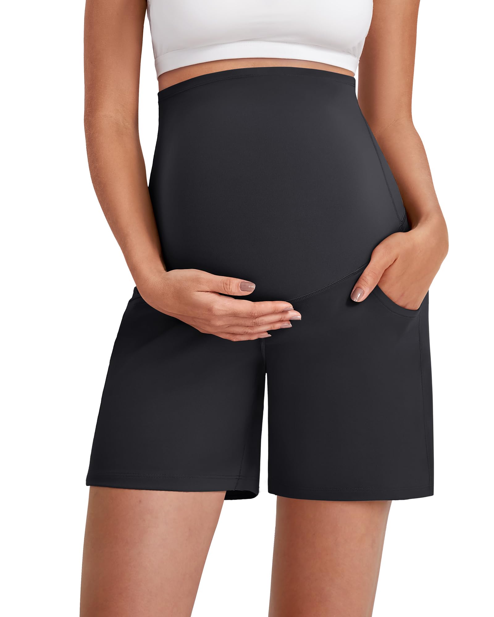 G4Free Pantalones cortos de maternidad con bolsillos sobre el vientre, elásticos de 6 pulgadas, pantalones de yoga para embarazo, entrenamiento atlético