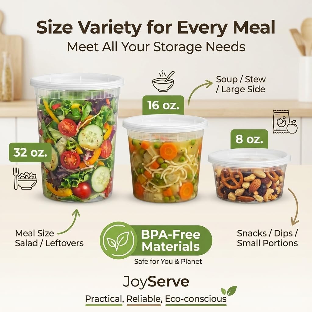 JoyServe Deli Food Containers with Lids - (48 Pack) 16 Sets of Each Size - 8 Oz-Cup / 16 Oz-Pint / 32 Oz-Quart Sizes Food Storage Takeout Meal Prep Storage, BPA-Free, Dishwasher, Microwave Safe - Image 4