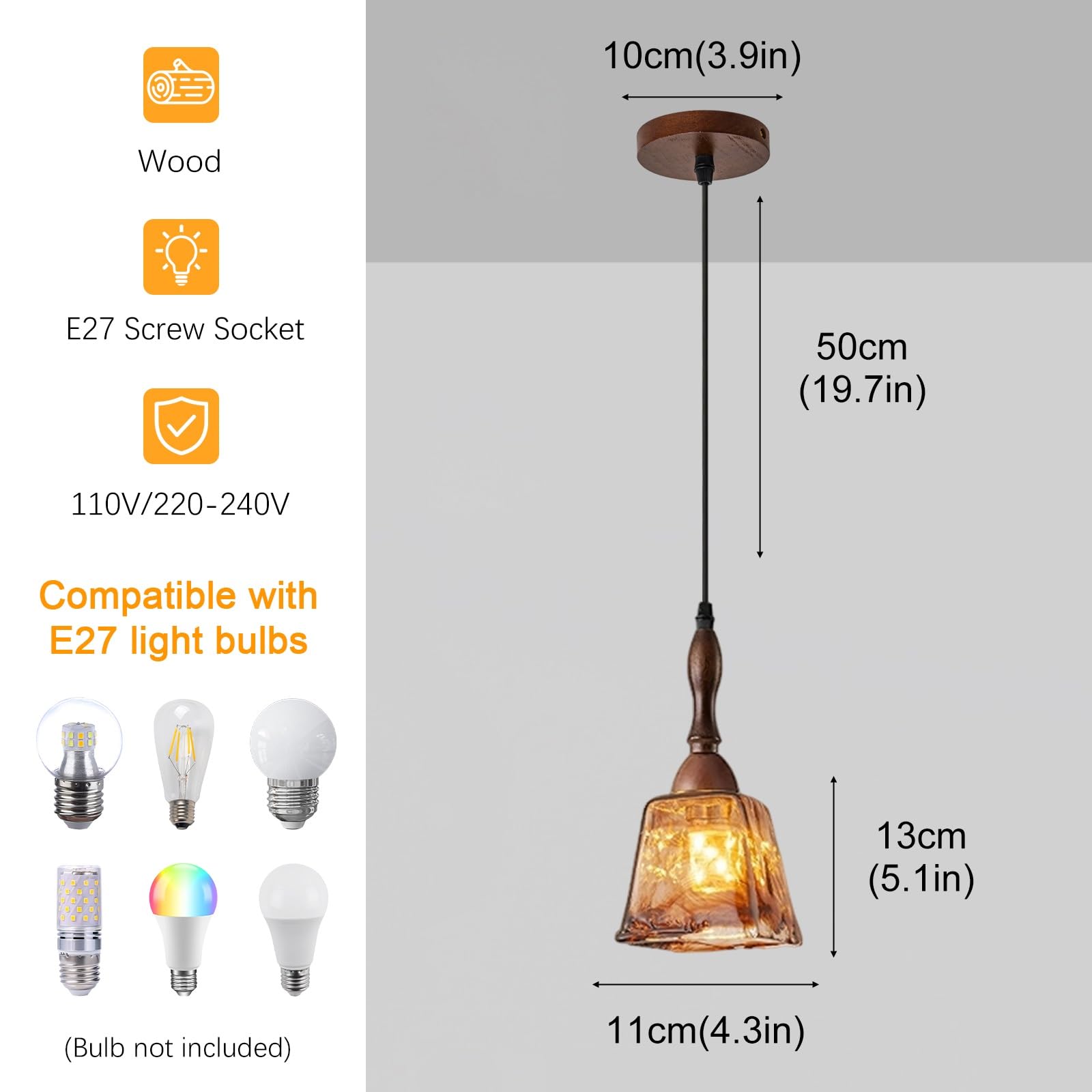 Lampy wiszące ze szkła bursztynowego, żyrandol kopułowy w stylu nordyckim, drewniane wiszące oprawy oświetleniowe sufitowe Żyrandol sufitowy z pojedynczą głowicą(Small)