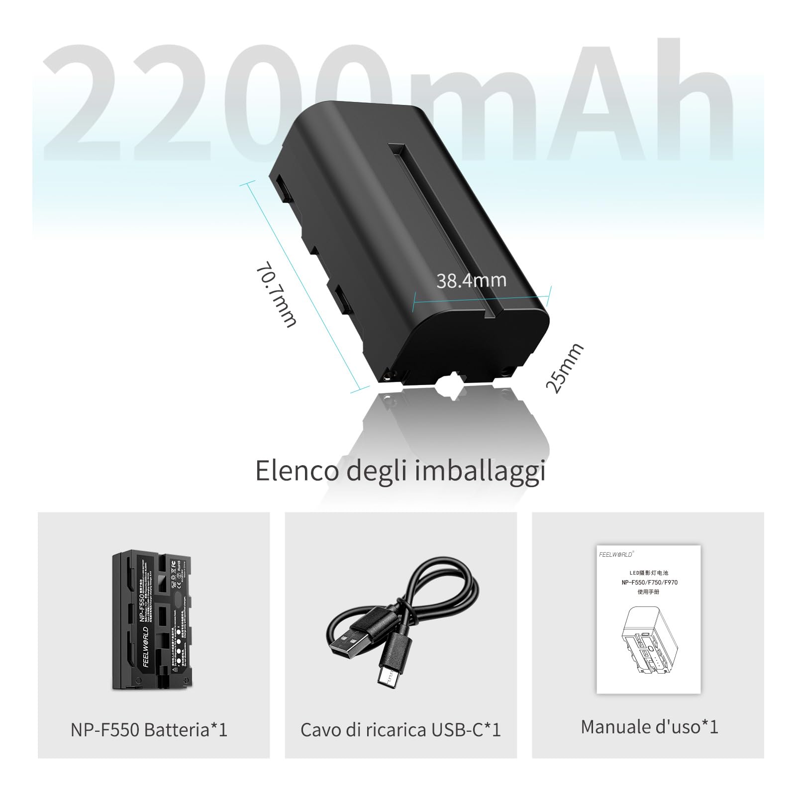 FEELWORLD 1 Pack NP-F550 2200mAh batteria di ricambio di NP-F970 F960 F950 F770 F750 F570 F550, USB-C ricarica rapida ricaricabile per luce video LED, monitor fotocamera, trasmissione wireless