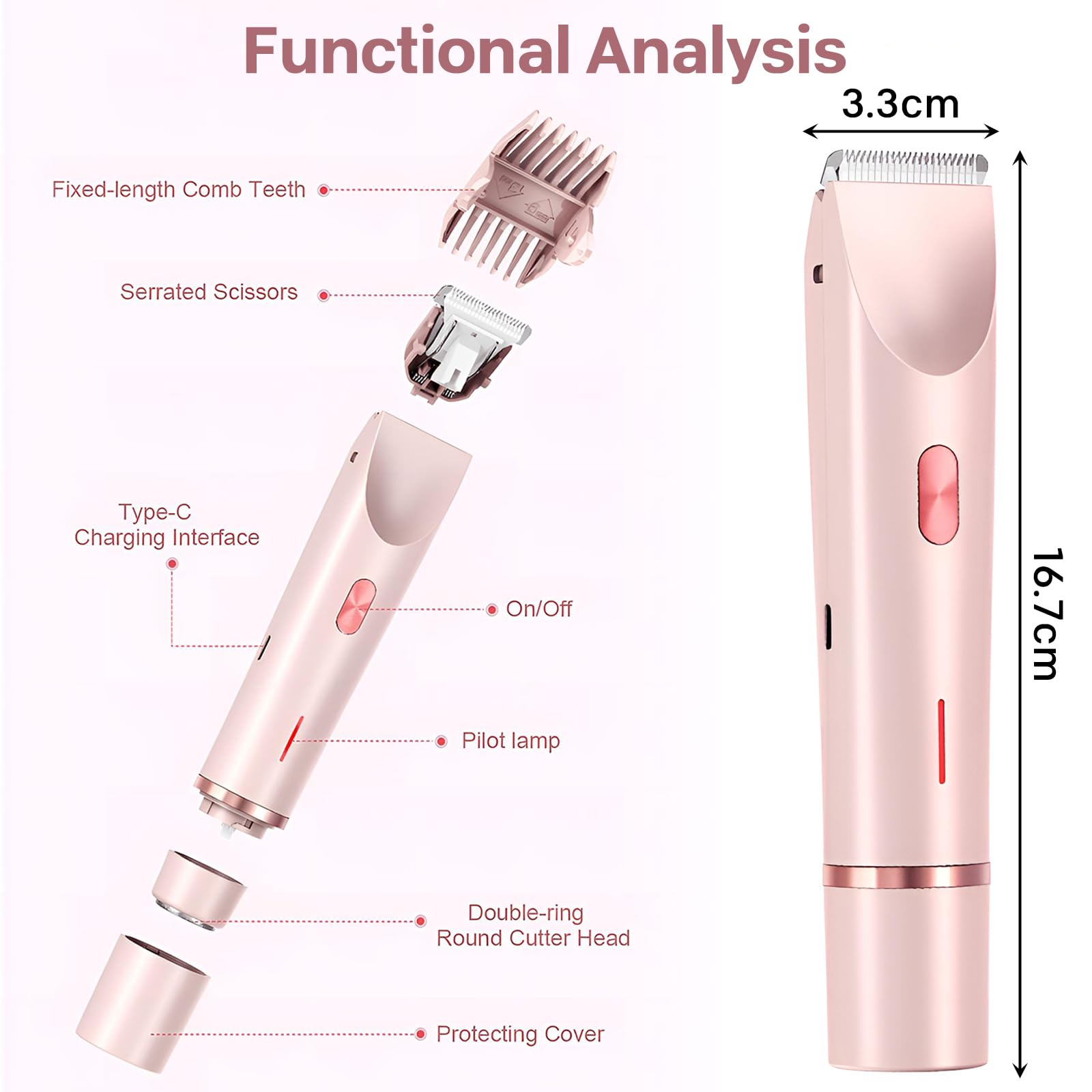 PZCC Rasoir Manuel pour Femme, Tondeuse Bikini 2 en 1, Rasoir Sans Fil, Anti-Coupures et Anti-Irritations, Humide et Sec, Rechargeable, Convient pour Le Visage, Les Jambes et Les Aisselles (Rose)