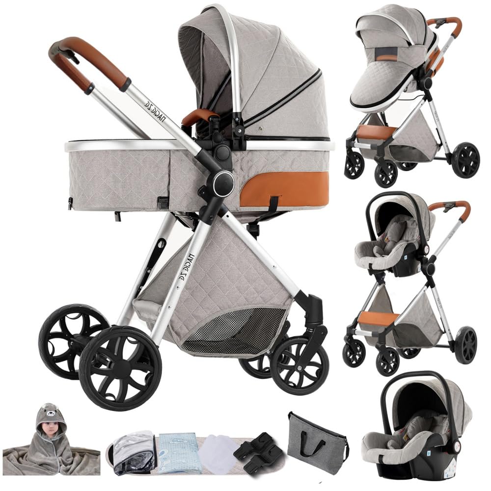Passeggino 3 in 1 Reversibile Struttura in Alluminio con Seggiolino Auto | Colore grigio chiaro, culla alta e tettuccio regolabile, funzionale e resistente